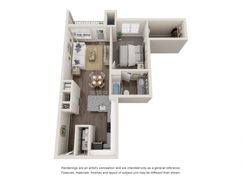 Floor plan for 1 bed, 1 bath, 590 sqft